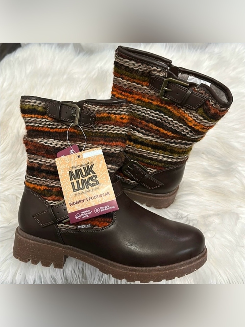 Muk Luks Brown With Orange & Cream Accents Ankle Boots Memory Foam Sz 7.5W NEW!